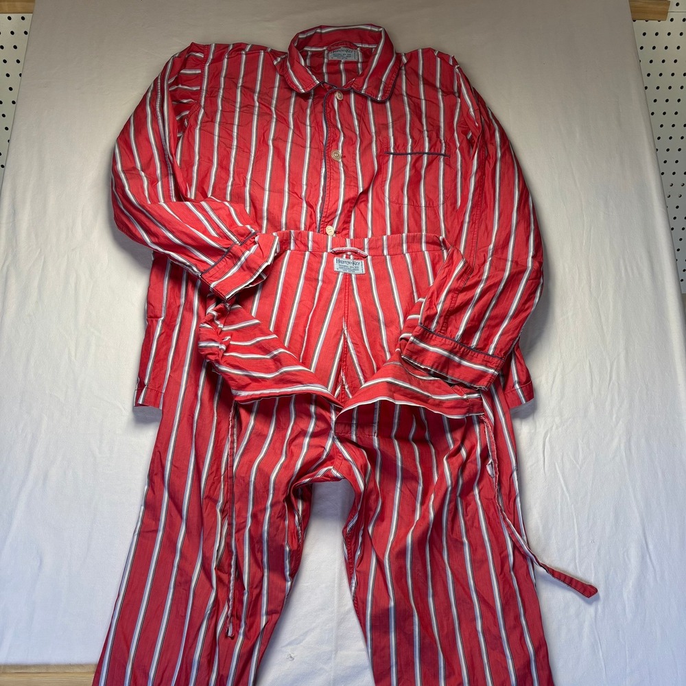 Hilditch & Key Pajama Set Mens Medium Red Bengal Stripe Cotton Sleepwear Vintage